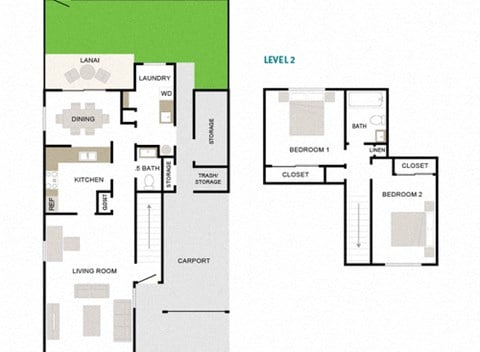 Floor plan for 2 beds, 1.5 baths, 1126 sqft